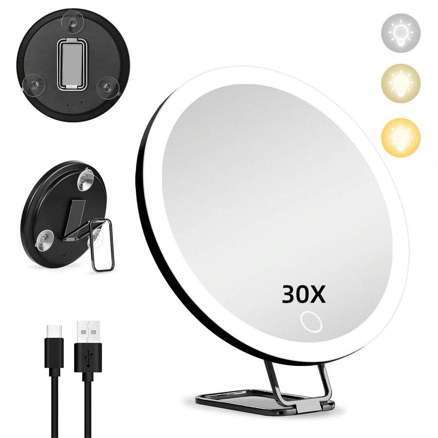 5-30X Magnifying Mirror With Lights, Large 6'' Makeup Magnifying Mirror, Lighted 5-30x Magnification High Magnifying Mirror, 5-30x Travel Magnifying Mirror With LED Lights, 3 Suction Cups & Adjustable Stand - Black - View 1