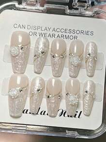 10pcs Handmade Press-On False Nails, Creative Coffin Shaped Artificial Nails, French Manicure Pull-String Nails, White Mother-Of-Pearl Textured French Simple Nails, With 3D Flower Pearl Diamond Bow Nail Decorations, Nude Nails, Coffin Nails, Fashionable Minimalist Colorful Nails, Cherry Blossom Nails, White Bow, White Nails, Pink Nails, Suitable For Spring, Summer, Autumn And Winter, European And American Style Nails, Cute Nail Decorations, Perfect For DIY Home Manicure, Office Daily Manicure, Gifts, Nail Art Supplies, Self-Learning Nail Art, Beginner Nail Art, Millennium Bug Style Nails, Fingernails, Nails, Upgraded Nails, Nail Art Set, Graduation Party Nails, Coffin Nail Tips, Almond Nail Tips, Nail Art Materials, Wedding Nails, Contrast Nails, New Style Nails, Birthday And Seasonal Gift Sets For Women And Girls! - White - View 12