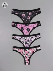 Bộ 4 quần lót ren phối màu gợi cảm, dễ thương phong cách Gothic dành cho nữ của Dircho, họa tiết Halloween màu hồng đen với hình mắt, đầu lâu, sao và nhện, chất liệu mềm mại, thoải mái, thích hợp cho đồ lót nữ. - Nhiều màu - Xem 1