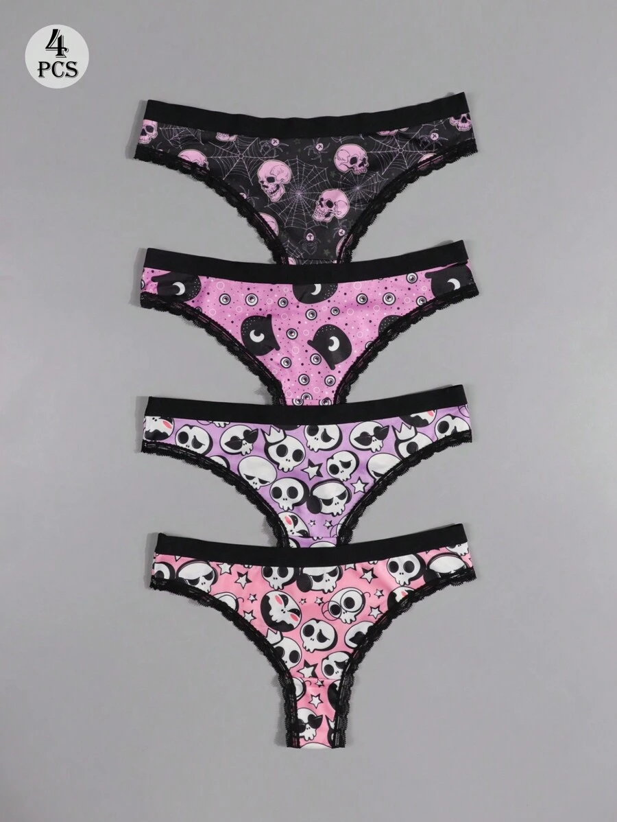 Bộ 4 quần lót ren phối màu gợi cảm, dễ thương phong cách Gothic dành cho nữ của Dircho, họa tiết Halloween màu hồng đen với hình mắt, đầu lâu, sao và nhện, chất liệu mềm mại, thoải mái, thích hợp cho đồ lót nữ. - Nhiều màu - Xem 1