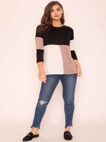 Black White Pink Mint Color Block 3/4 Sleeve Top Shirt Blouse | S-3X - Beige - View 3