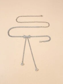 1入組金屬蝴蝶結鑲嵌鑽石腰鏈配流蘇吊墜女士配戴，適用於約會、派對、街頭穿搭及裙子 - 銀色 - 查看 2