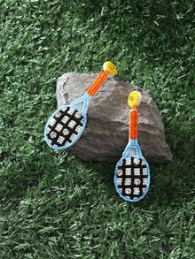 Tennis Racket Earrings, Sporty And Vivacious Handmade Beaded Earrings With Rice Pearls - Blue - View 3