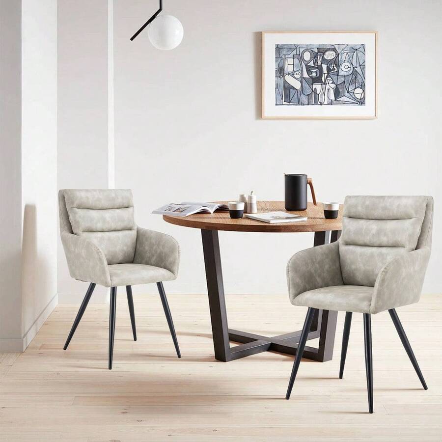 Modern PU Easy Cleaning Office/Home Chairs Set Of 2 Armrest & Backrest Comfortable Chairs Upholstered Chair With Black Metal Legs For Office Dining Room Kitchen Bedroom And Living Room