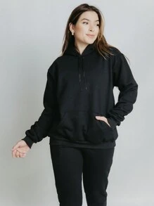 Women's Sweatshirt Set Casual Cold Coat With Plain Flannel Hood Basic Tracksuit Stylish Kangaroo Winter Pants And Long Sleeve Cold Blouse - màu đen - Xem 3