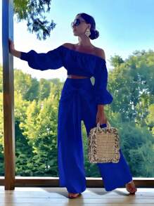 Conjunto Top De Hombro Descubierto Con Mangas Holgadas Y Pantalones Anchos De Pierna Para Mujer - Azul - Ver 2