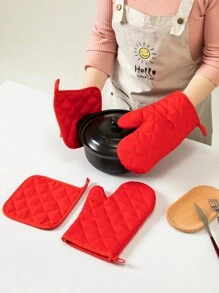 4 STUKS Effen Kleur Keuken Huishoudelijke Ovenwanten en Isolatiemat Set Hittebestendige Bak- en Kookhandschoenen Hittebestendige Magnetron Ovenwanten en Potmat