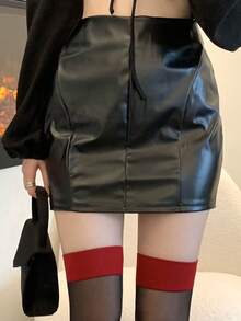 1 Đôi Tất Cao Cổ Viền Đỏ Với Họa Tiết Damask Màu Đen Dành Cho Nữ, INS Phong Cách Màu Đỏ Và Đen Sheer Trên Đầu Gối Tất - Nhiều màu - Xem 3