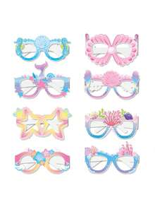 8入組美人魚主題紙質眼鏡拍照道具 - 魚尾和星形眼鏡，適用於生日派對和照片攝影棚裝飾