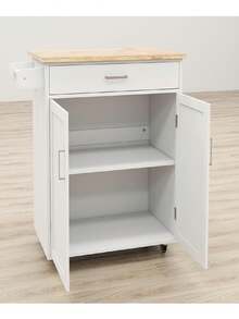 Carrito de islas de cocina con ruedas, estantes ajustables y estante para toallas, con cubierta de madera de caucho, promoción de - Blanco - Ver 2