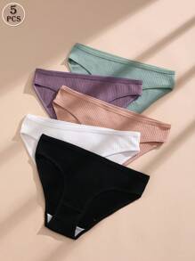 5入組女士實色低腰肋紋透氣雙襠三角內褲 - 彩色 - 查看 1