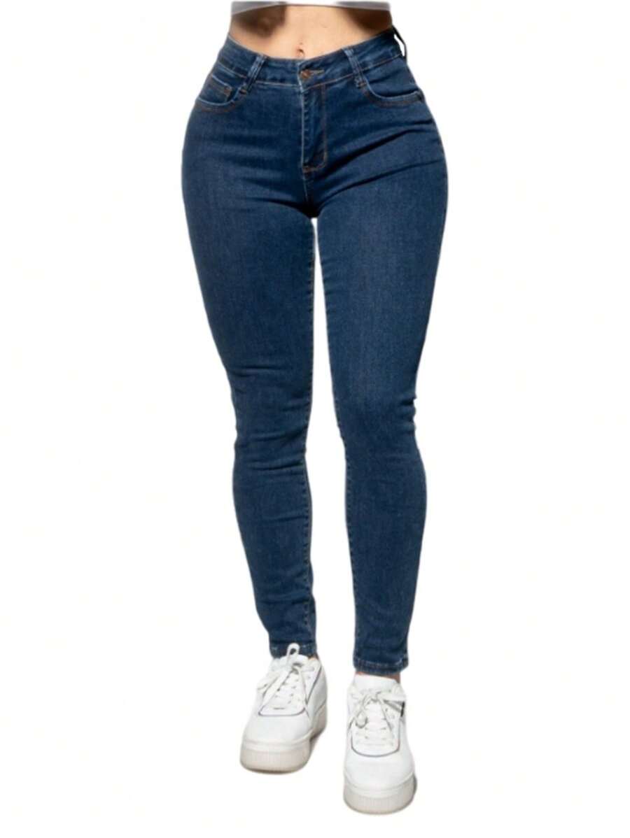 Jeans Vaqueros De Mezclilla Lisos Ajustados - Azul Marino - Ver 1