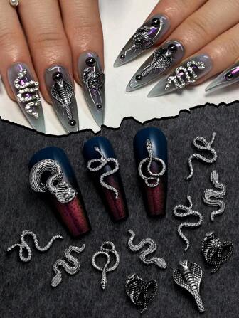 3D Snake 1 Box 22 Pieces Dark Nail Ornaments Cobra Metal Nail Decoration For Crystal Nails Silver Nail Decoration Diy Nail Ornaments Nail Jewelry Nail Supplies Nail Art Supplies Nail Charms Nail Gems
