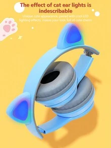 無線耳機,5.0升級,長久電池壽命,降噪,閃閃發光的貓耳朵無線耳機 - 藍色 - 查看 2