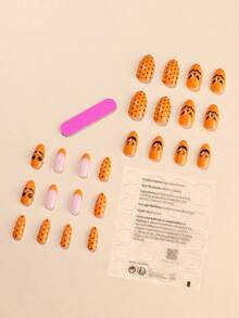 万圣节南瓜灯主题按压式指甲套装，24 片中长杏仁形橙色脸带波尔卡圆点法式指甲，含美甲工具 1 片果冻胶和 1 条摩擦条 - 橘色 - 查看 2
