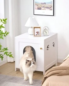 HaluPeit Placard pour chat, meubles de bac à litière cachés pour chat, banc d'armoire de rangement, toilettes en bois pour chat pour salon, chambre à coucher, blanc - Blanc - Voir 3