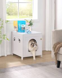 HaluPeit Placard pour chat, meubles de bac à litière cachés pour chat, banc d'armoire de rangement, toilettes en bois pour chat pour salon, chambre à coucher, blanc - Blanc - Voir 1