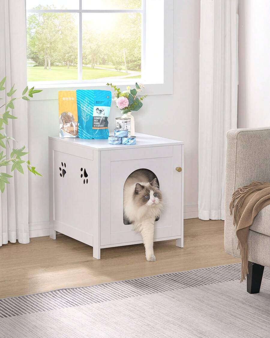 HaluPeit Placard pour chat, meubles de bac à litière cachés pour chat, banc d'armoire de rangement, toilettes en bois pour chat pour salon, chambre à coucher, blanc - Blanc - Voir 1