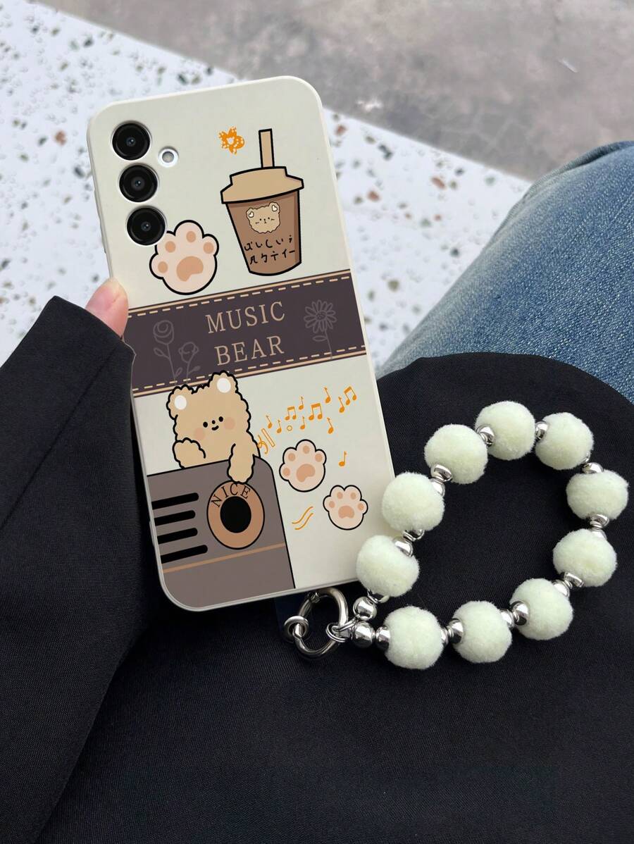 1 件白色 TPU 咖啡熊图案防震手机壳和 1 件白色毛球手链，适用于 /Android///OPPO 手机 - 彩色 - 查看 1