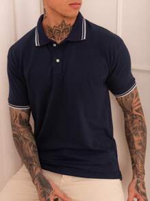 Lucky Star Modas Men's Striped Polo Shirt Piquet Knit - Navy Blue - View 1