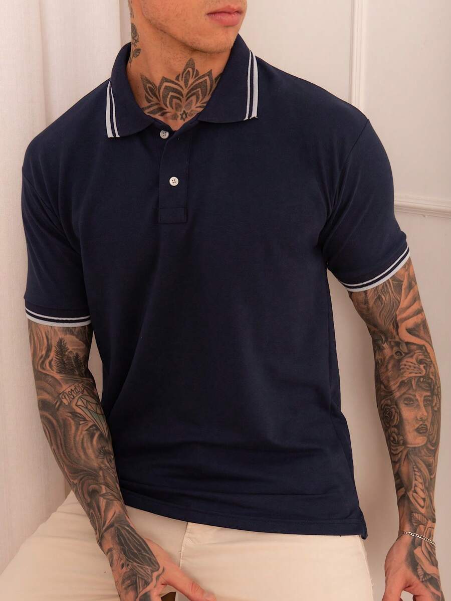 Lucky Star Modas Men's Striped Polo Shirt Piquet Knit - Navy Blue - View 1