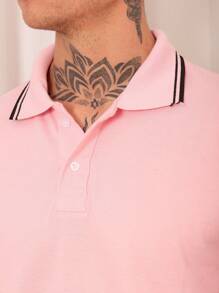 Lucky Star Modas Men's Striped Polo Shirt Piquet Knit - Pink - View 5