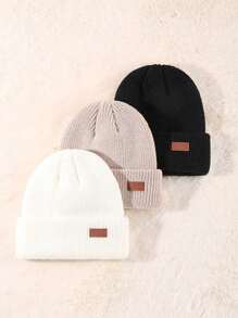 3pcs/Set Plain Color Women's Knitted Hat With Pom-Pom Winter Fall - Three Piece Set - View 2