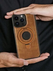 手机支架复古 PU 皮革磁性手机壳适用于 16 15 14 Plus 13 12 Pro Max - 带隐形指环支架支持无线充电防水防震防摔防刮 - 棕色 - 查看 10