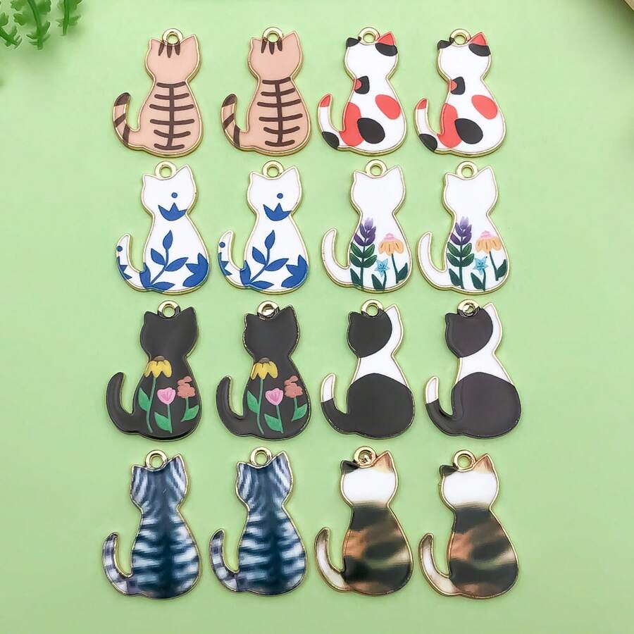 10/16入組混合彩繪貓咪吊墜，卡通小貓吊墜，適用於DIY珠寶製作、手工鐲、耳環、項鍊、吊墜、鑰匙扣、手工藝品 - 彩色 - 查看 1
