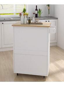 Carrito de islas de cocina con ruedas, estantes ajustables y estante para toallas, con cubierta de madera de caucho, promoción de - Blanco - Ver 6