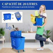 HOMCOM Chariot de nettoyage lavage seau de ménage 20 L avec essoreur et séparateur eau propre bleu 60L x 27l x 70,5H cm - bleu indigo - Voir 7