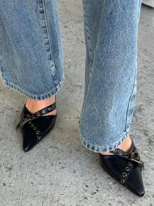 Mules Heels For Women Pointed Closed Toe Kitten Heeled Sandals Buckle Slip On Studded Pointed Stiletto Heels Party Dress Pumps - màu đen - Xem 1