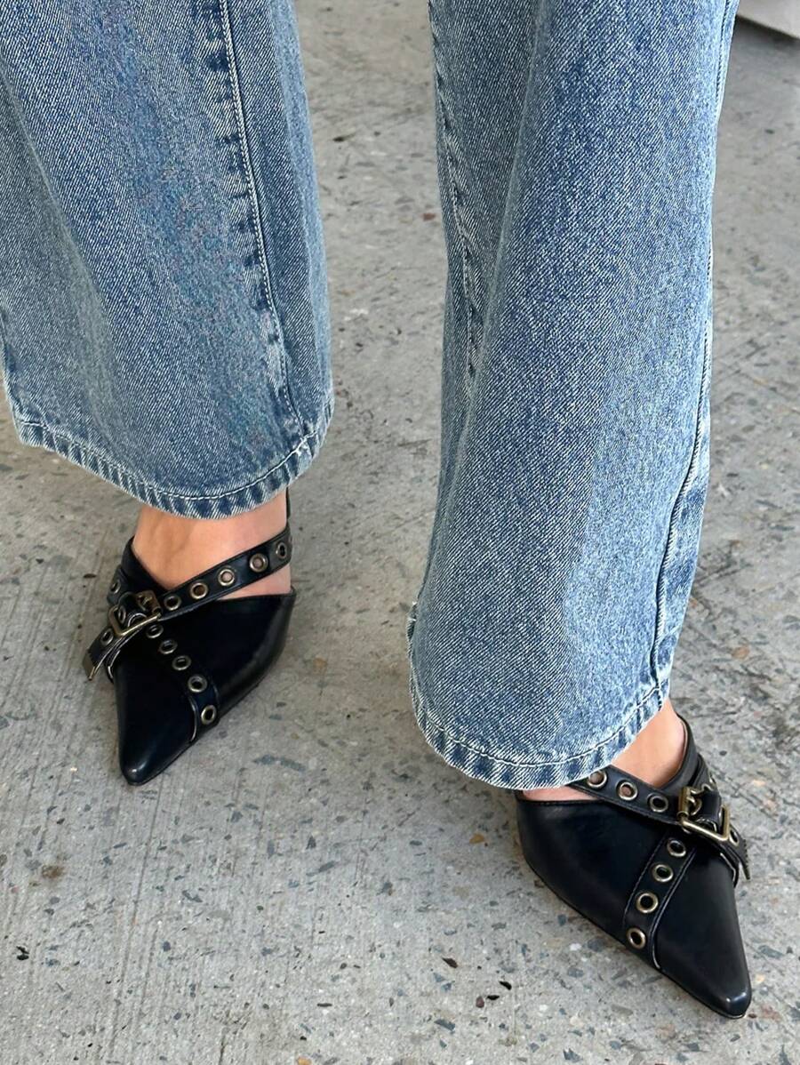 Mules Heels For Women Pointed Closed Toe Kitten Heeled Sandals Buckle Slip On Studded Pointed Stiletto Heels Party Dress Pumps - màu đen - Xem 1