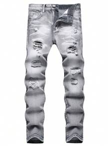 Pantalones vaqueros grises claros desgastados de corte recto y ajustado para hombre