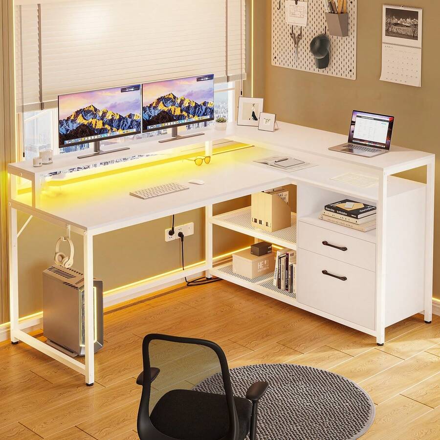 Corner Computer Desk With LED Lights And Drawers, L Shaped Computer ...