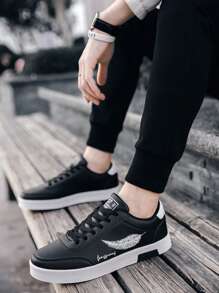 Zapatillas de deporte de los hombres simples del patrón de la pluma, tenis de la pareja - Negro - Ver 3