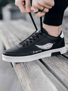 Zapatillas de deporte de los hombres simples del patrón de la pluma, tenis de la pareja - Negro - Ver 2