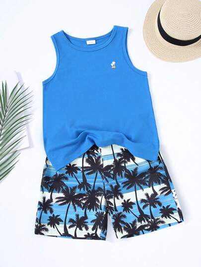 Casual 2pcs Set: Tween Boy Tree Patterned Sleeveless T-Shirt And Elastic Waist Hawaiian Shorts