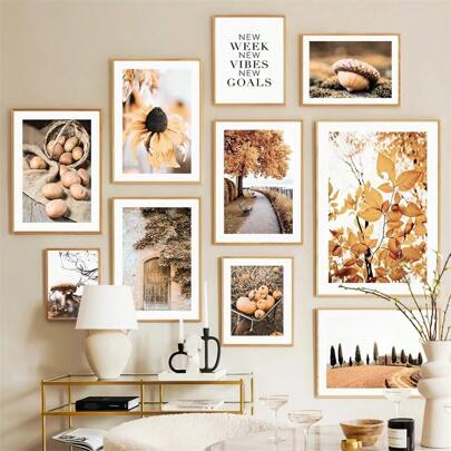 Peinture sur canevas moderne Champ d'automne avec citrouilles, glands, renards, fleurs jaunes et paysages, affiches pour la décoration intérieure du salon, chambre, dortoir, sans cadre