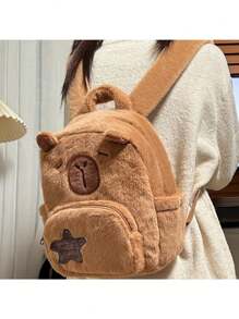 1 Ba lô Capybara Plush Dolphin dễ thương, Túi ngày thời trang hoạt hình giản dị, hoàn hảo cho việc đi chơi và học đại học - màu nâu - Xem 4