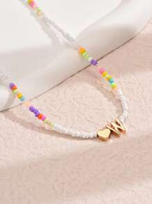 1pc Mixed-Color Rice-Shaped Beaded Heart & Letter Pendant Necklace