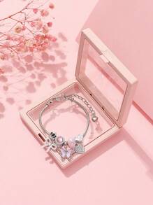 1 件优雅彩虹色蝴蝶和蝴蝶结镶有水钻心形吊坠铜手链、皇冠吊坠和大孔珠 DIY 女士手链，适合日常佩戴和节日送礼，带礼盒包装情人节、妈妈、母亲、母亲节、礼物 - 銀色 - 查看 10