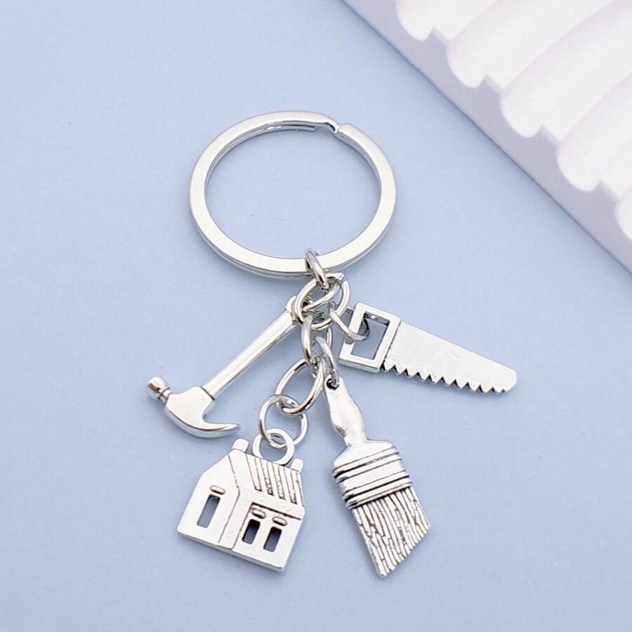 1pc Unisex Fashionable House Brush Tool Keychain DIY Creative Architect Gift Bag Pendant - Silver - View 1