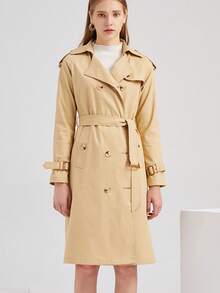 Gabardina Larga Abrigo Elegante Felpa Cruzada De Para Mujer - Beis - Ver 4