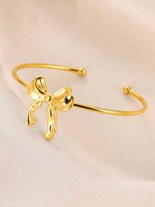 1 Pc Fashion Bow Open Bracelet For Women Gold Color Stainless Steel Geometric Bracelet Birthday Party Jewelry Gift Valentines,Mom,Mother,Mother's Day,Gift