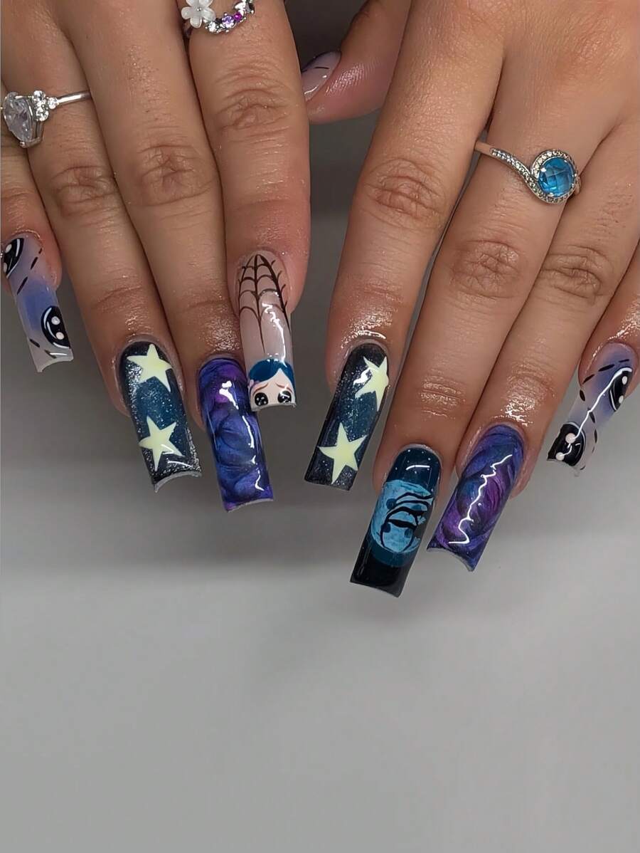 24 cái/bộ Móng tay ấn hình vuông dài với thiết kế hoạt hình ngôi sao Halloween, bao gồm keo thạch và chà móng tay, thích hợp cho mọi phụ nữ, hoàn hảo cho trang phục hàng ngày để làm cho đầu ngón tay của bạn duyên dáng hơn. - Màu xanh lam - Xem 1