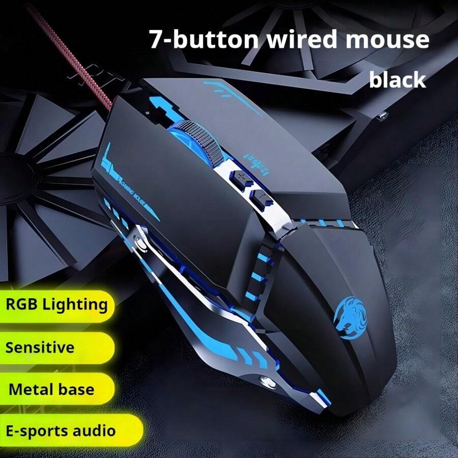 EWEADN USB有線遊戲滑鼠音效版金屬機械滑鼠適用於桌上型電腦、筆記型電腦、電腦、學校 - 黑色 - 查看 1