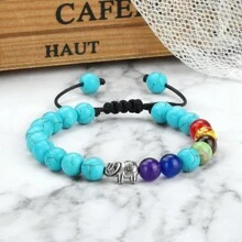 魅力大象吊墜手鍊，串珠手編手鍊，黑白天然石首飾男女禮物 - 彩色 - 查看 4