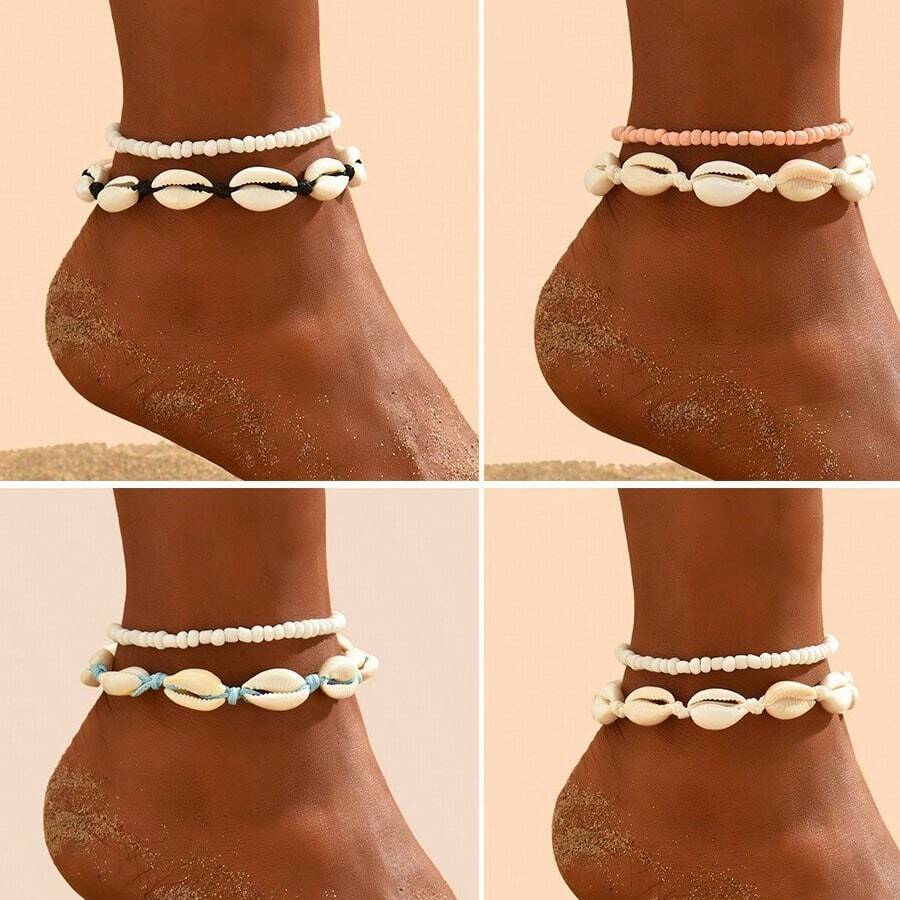 2pcs Bohemian Style Seashell Anklet Set, Beach Vacation Accessories, Simple Yet Fresh And Versatile - Set Of Two Shell Anklets - View 1
