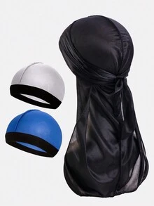 3pcs Men's Silky Durag Headscarf Hats With Long Tail, Hip Hop Style For Everyday Use - Multicolor - View 3